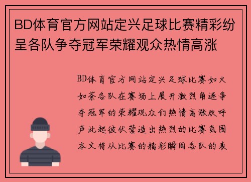 BD体育官方网站定兴足球比赛精彩纷呈各队争夺冠军荣耀观众热情高涨